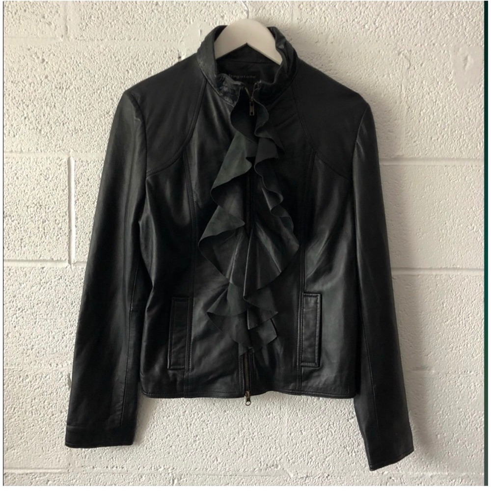 Bagatelle Black Genuine Leather Ruffle Front Zip Jacket Stand Collar Small